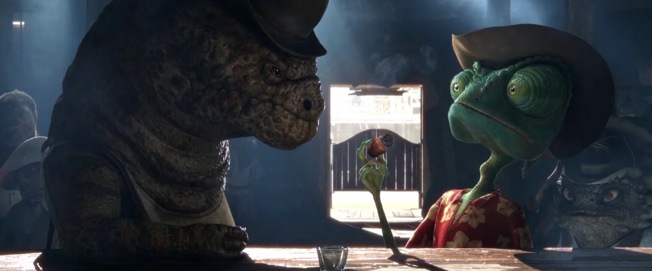 Rango (2011) movie still: medium — A dimly lit wooden saloon features two reptilian creatures sitting across from each other. A bright doorway…