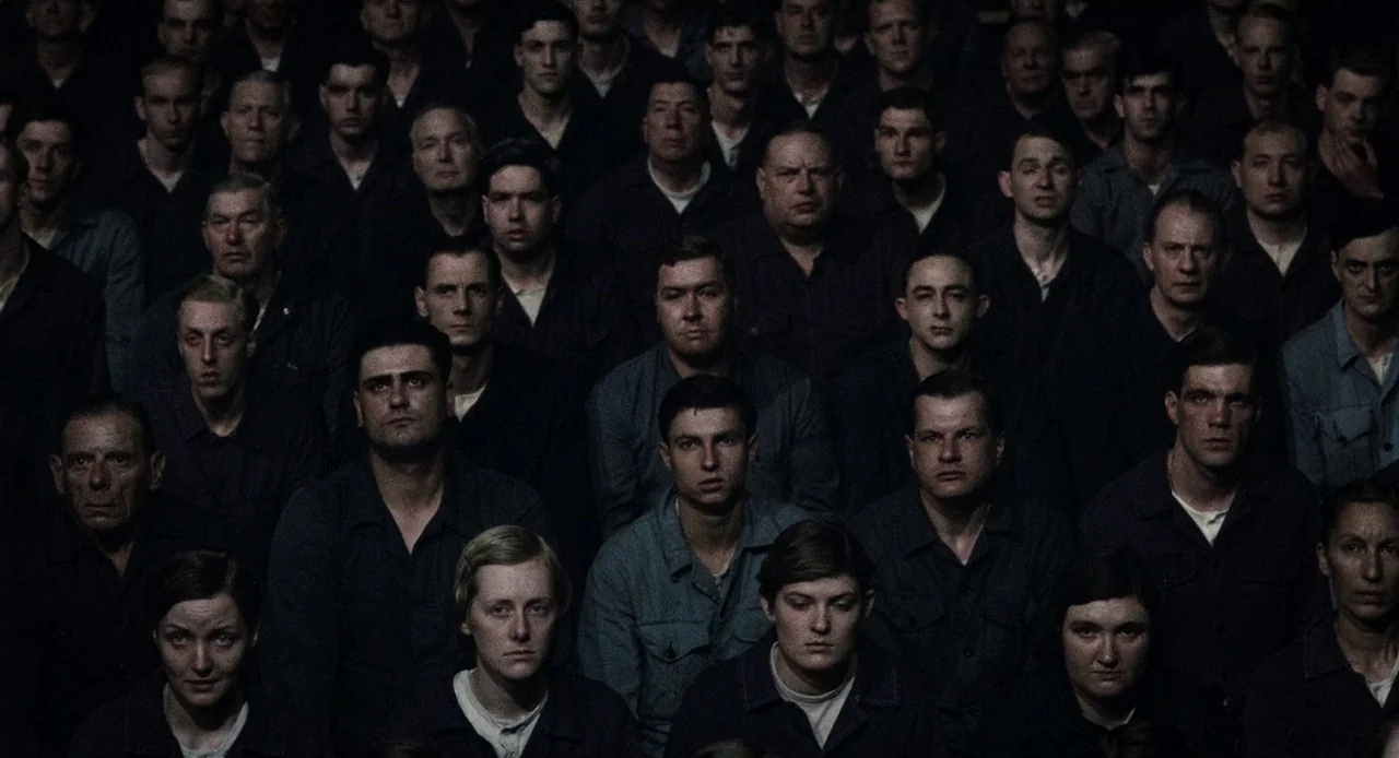 1984 (1984) movie still: wide — A dense crowd of people sits packed together in a large darkened room. All individuals face forward toward an unseen…