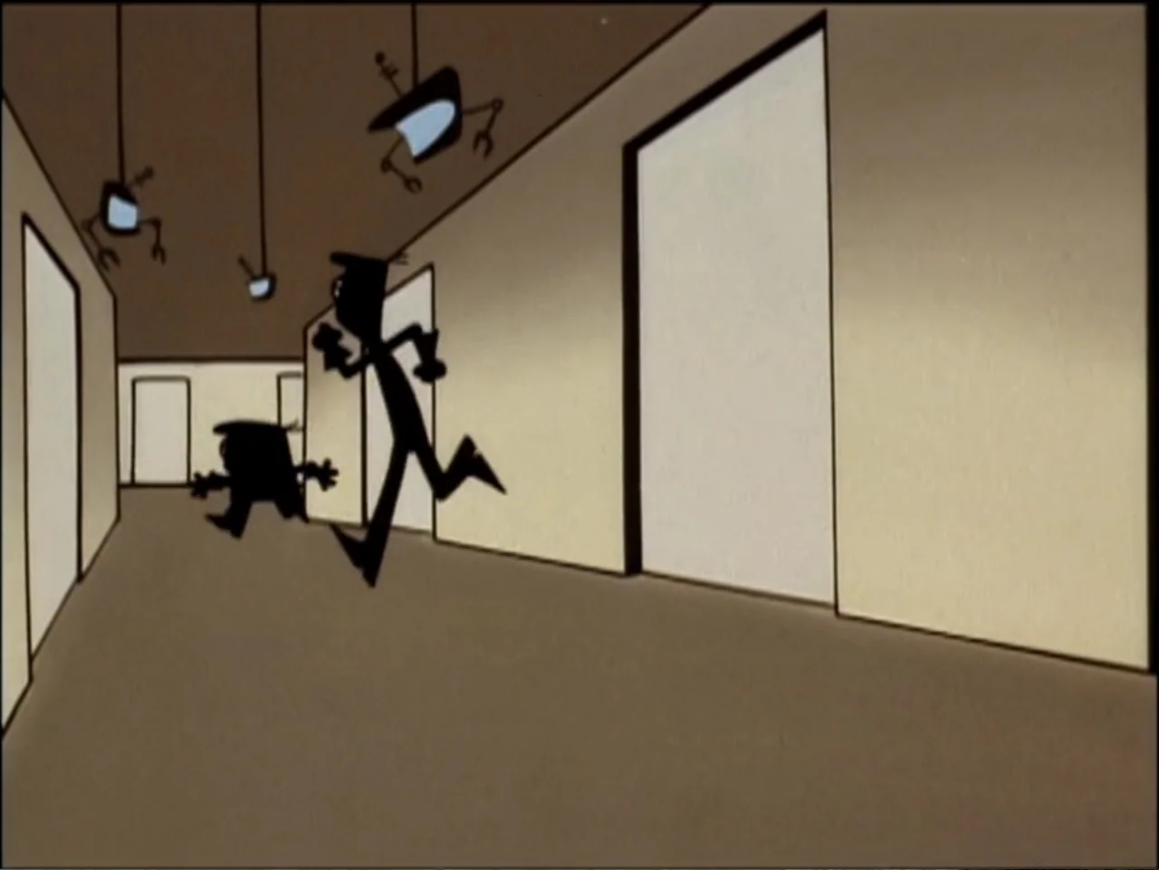 Dexter's Laboratory: Ego Trip (1999) movie still: medium — An institutional corridor with beige walls and closed doors features minimalist…