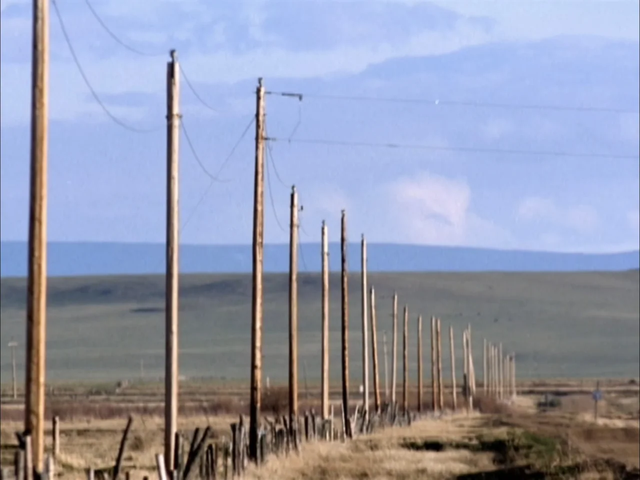 The Laramie Project (2020) movie still: wide — An open field under a cloudy sky features a long row of utility poles. The tall wooden poles recede…
