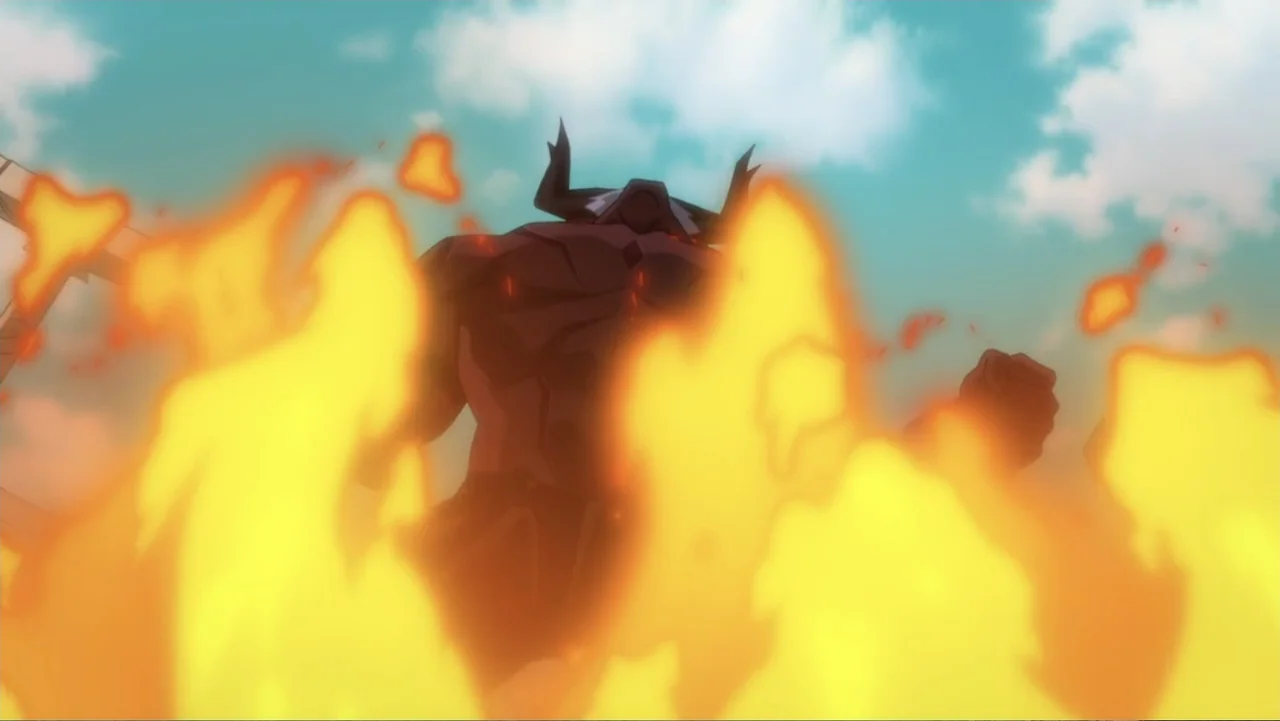 Justice League Dark: Apokolips War (2020) movie still: medium — A muscular horned demon stands in an open area during the day. Large yellow and…