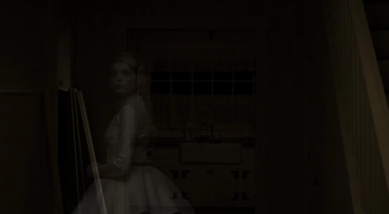 I Am The Pretty Thing That Lives In The House (2016) movie still: medium — A dark house interior features a faint, translucent figure superimposed…
