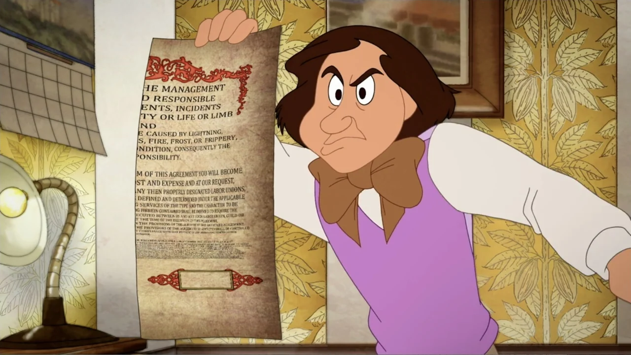 Tom and Jerry: Willy Wonka & the Chocolate Factory (2017) movie still: medium — A 1920s style office features yellow wallpaper with a leaf pattern…
