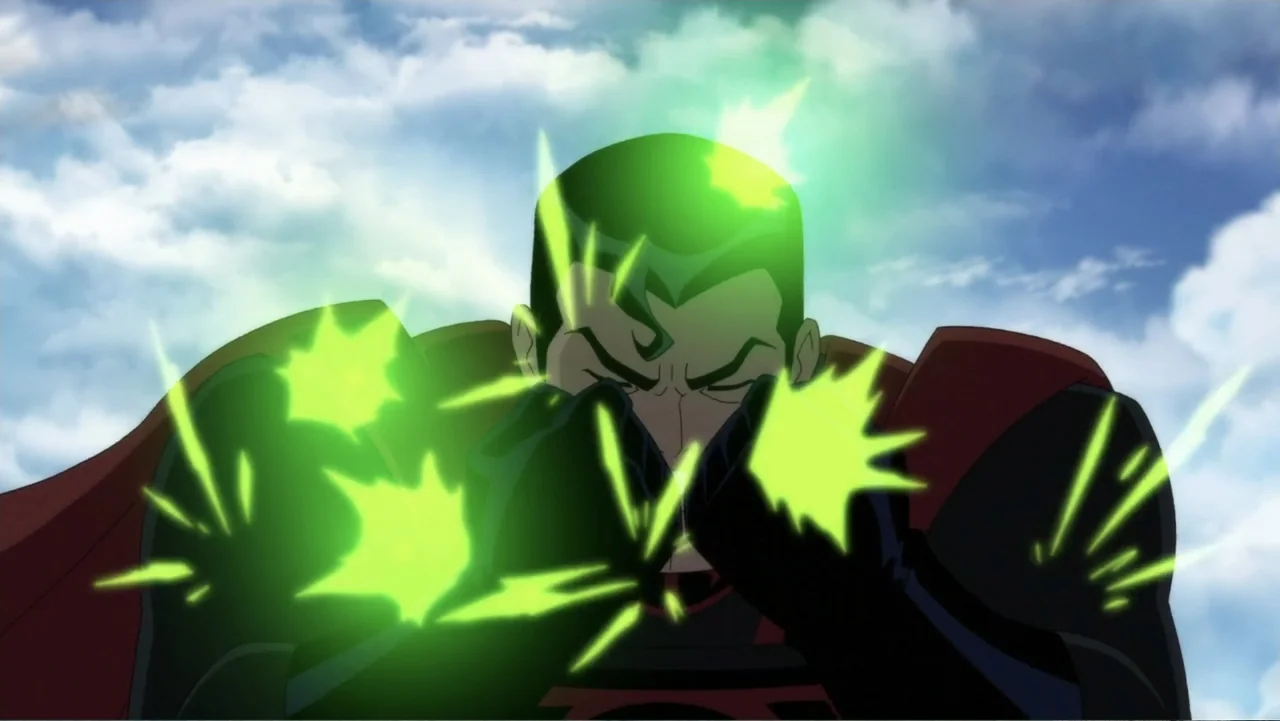 Superman: Red Son (2020) movie still: medium — A figure stands against a bright blue sky filled with white clouds. The man in a black suit holds his…