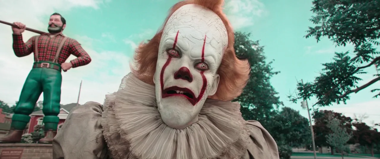 It Chapter Two (2019) movie still: closeup — A public outdoor area features a large statue of a bearded man with an axe. A clown with white face…