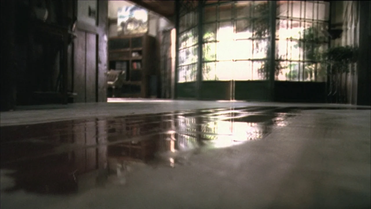 A Tale of Two Sisters (2003) movie still: establishing — A low-angle view shows water pooled across a smooth, dark wooden floor surface. Large…