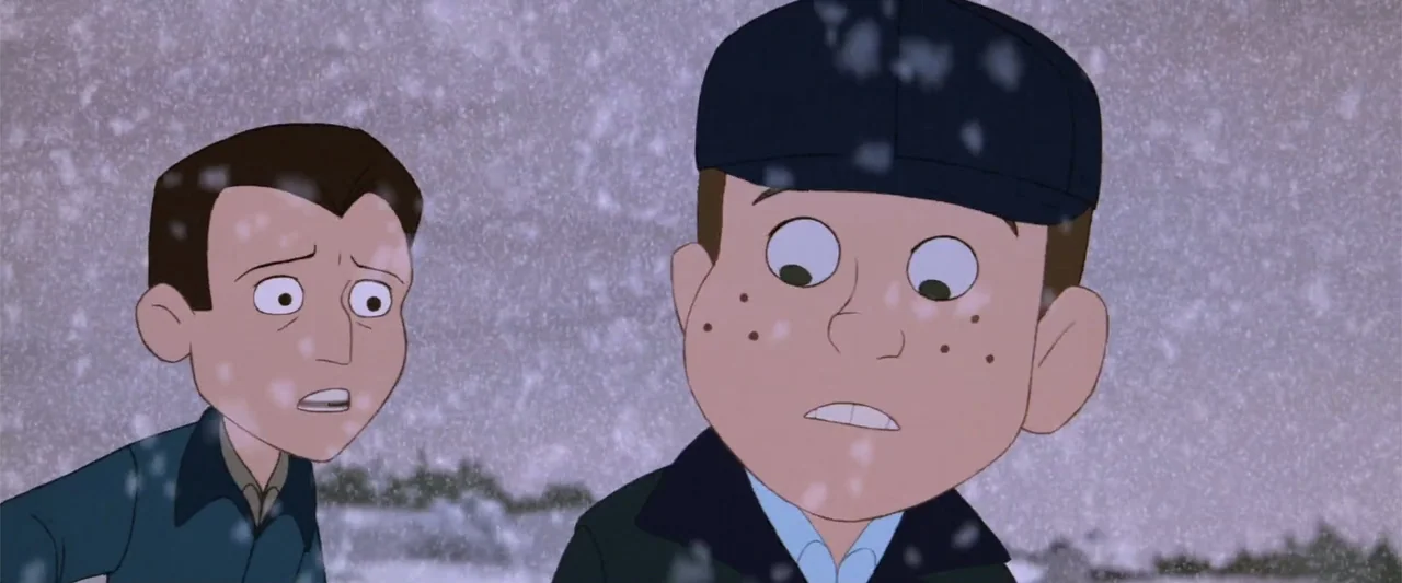 The Iron Giant (1999) movie still: medium — A snowy outdoor landscape with two animated male figures standing in the foreground. They observe their…