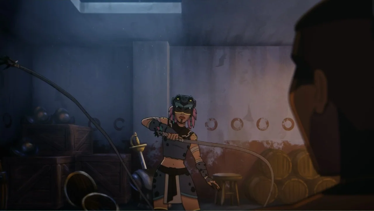 Aztec Batman: Clash of Empires (2025) movie still: medium — A dimly lit storage room contains wooden crates and barrels against weathered stone…