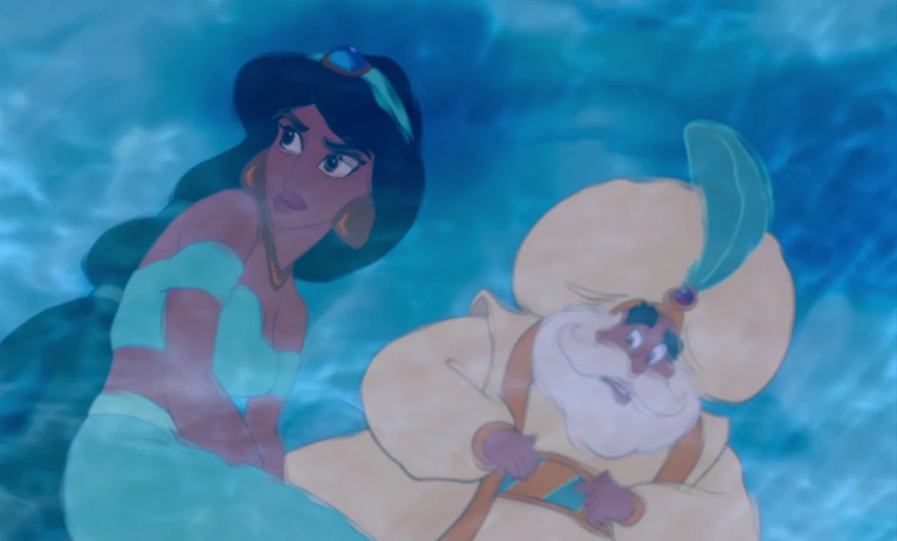Aladdin (1992) movie still: medium — Two animated characters are submerged in bright blue, rippling water. The woman looks upward while the older…