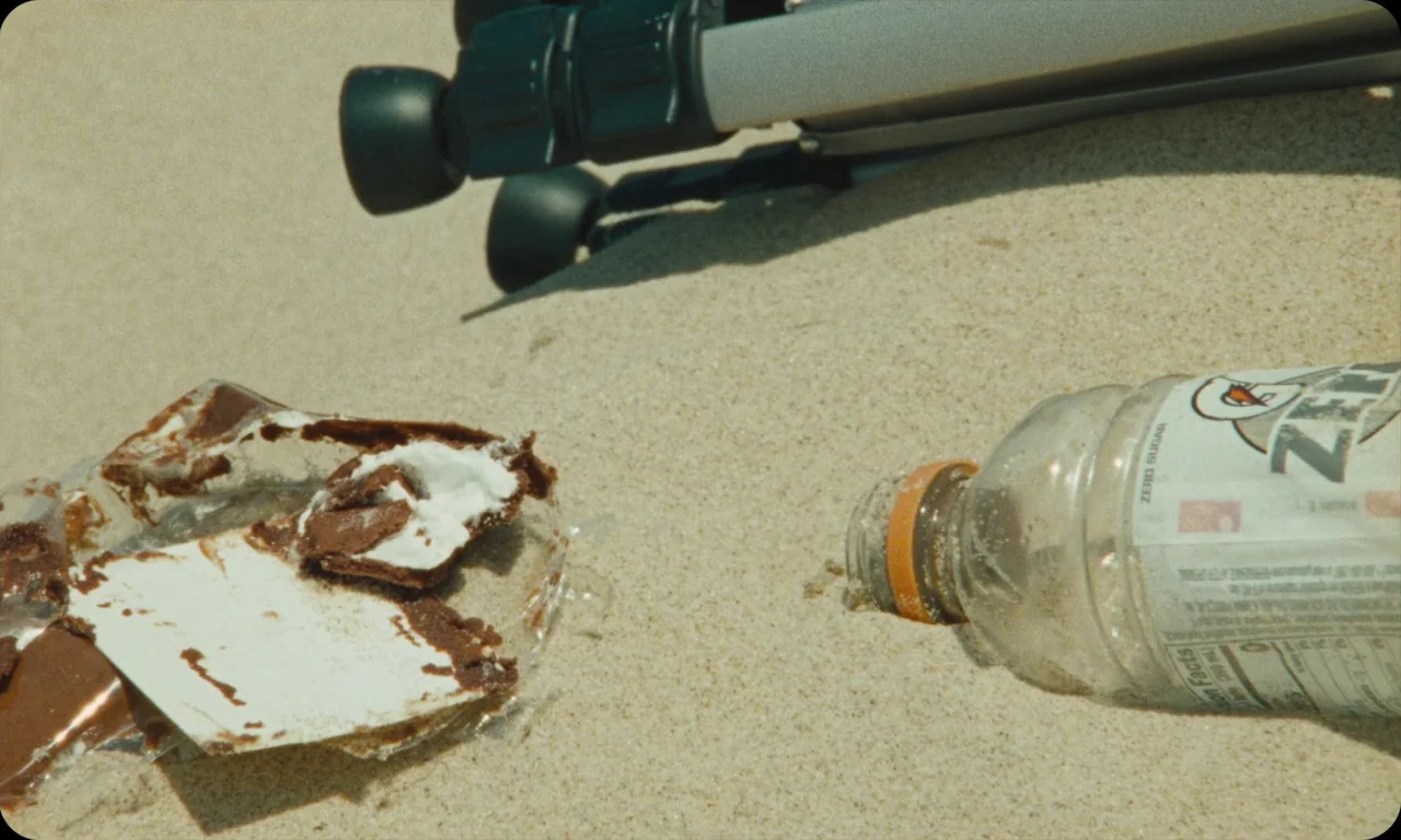 Vulcanizadora (2024) movie still: closeup — Discarded litter rests on a patch of sunlit beach sand. A plastic water bottle and an empty chocolate…
