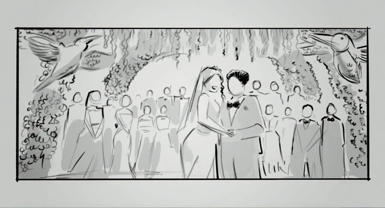 The Greatest Love Story Never Told (2024) movie still: medium — A festive wedding ceremony is set under a leafy archway with hanging flowers. The…