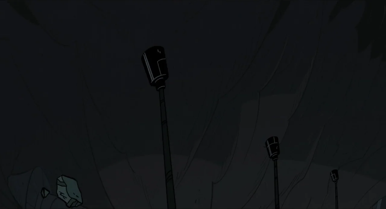 No Time to Spy: A Loud House Movie (2024) movie still: establishing — A dark environment features several tall, black streetlamp poles rising into a…