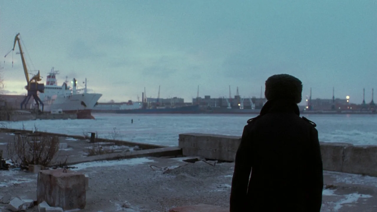 Cold Souls (2009) movie still: medium — An industrial harbor at dusk with snow-covered concrete ground and visible cargo cranes. A man wearing a…