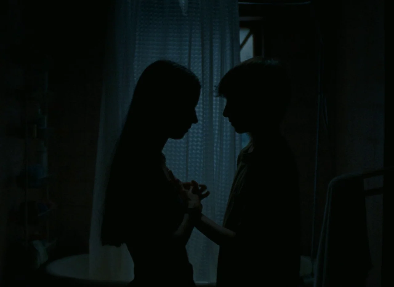 Falcon Lake (2022) movie still: medium — A dark bathroom interior features a thin white curtain backlit by a window. Two adolescents stand facing…