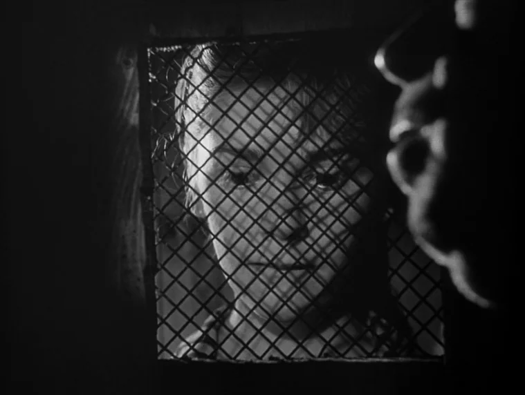 Forbidden Games (1952) movie still: closeup — A woman stands behind a dark metal mesh screen in a shadowed setting. The diamond pattern of the grid…