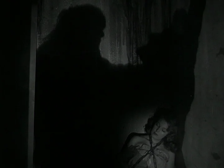 The Black Book (Reign of Terror) (1949) movie still: medium — A dark stone-walled enclosure with heavy shadows and vertical textured lines on the…