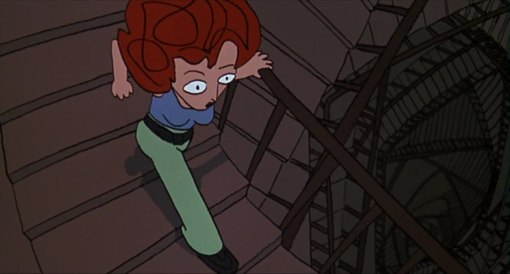 Run Lola Run (1998) movie still: fullbody — A steep concrete spiral staircase winds downward into a dark, shadowy void. A cartoon woman with red…