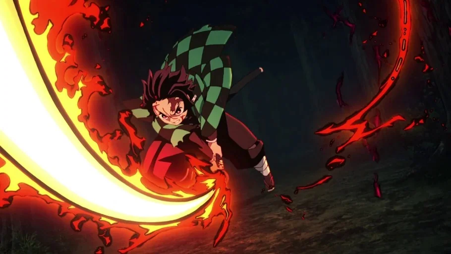Demon Slayer: Kimetsu no Yaiba (2019) movie still: medium — A dark, shadowed forest serves as the backdrop for a combat action sequence. A male…