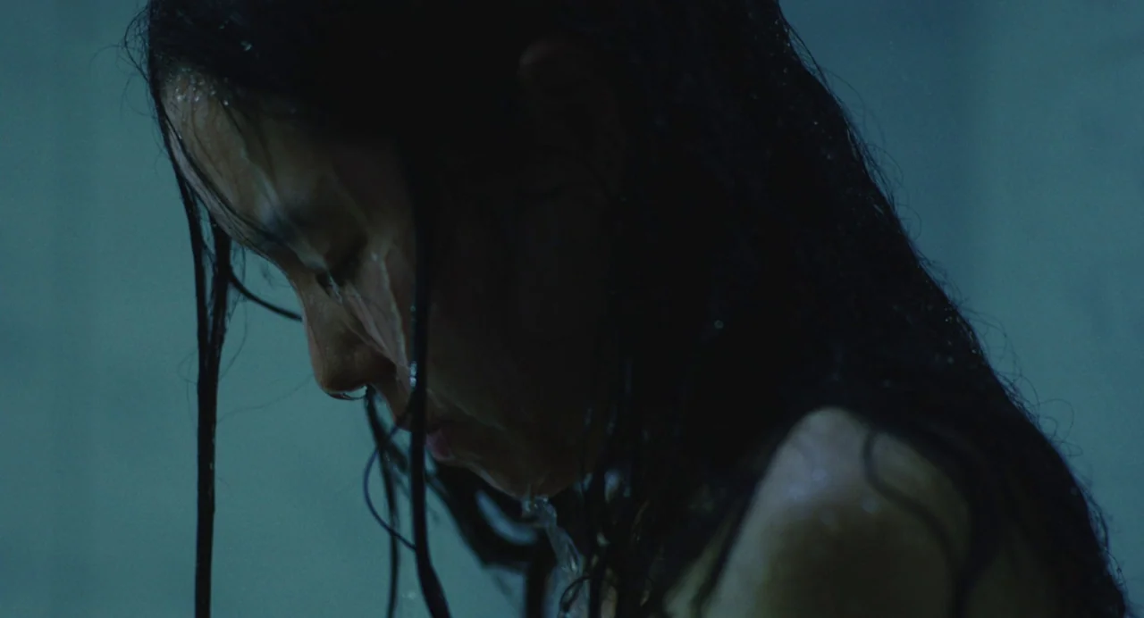 Return To Seoul (2022) movie still: closeup — A dimly lit tiled shower interior with water streaming over a person's head. A woman stands in profile…