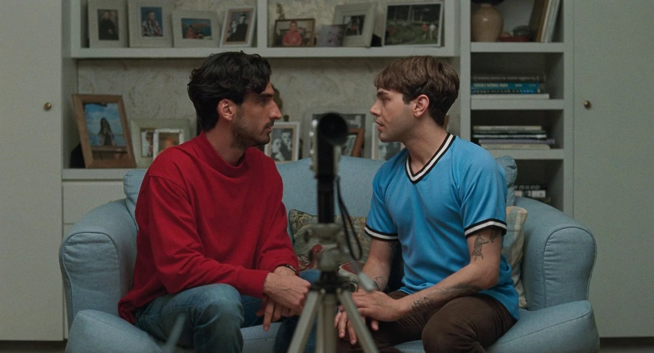 Matthias & Maxime (2019) movie still: medium — A light-blue sofa sits before a built-in shelving unit filled with framed photographs. Two men sit on…