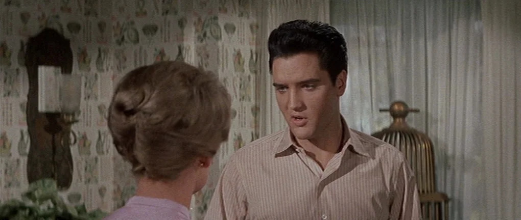 Wild in the Country (1961) movie still: medium — A domestic interior features floral wallpaper and floor-length curtains covering a large window. A…