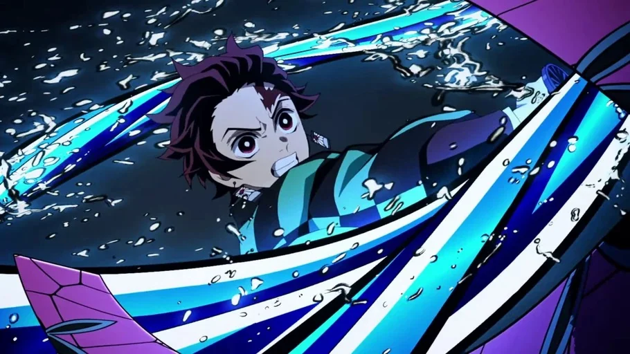 Demon Slayer: Kimetsu no Yaiba (2019) movie still: medium — A dark environment filled with swirling water and luminous blue light patterns. A…