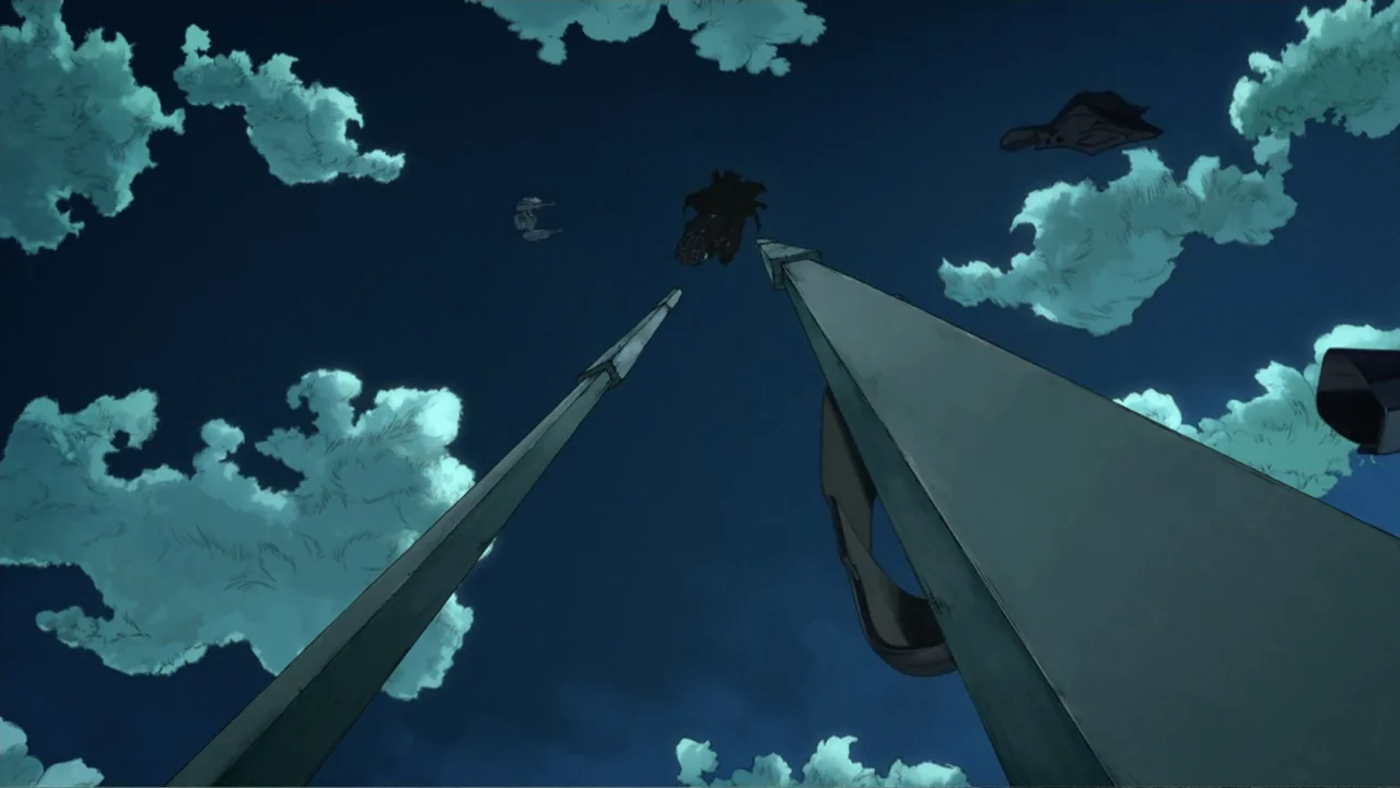 Batman Ninja vs. Yakuza League (2025) movie still: wide — A dark night sky filled with clouds contains several floating mechanical structures and…