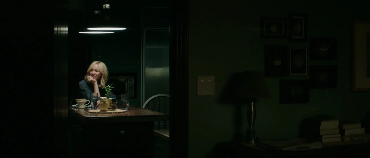 The Sea of Trees (2015) movie still: medium — A dark, sparsely lit dining area viewed from an adjacent room through a doorway. A woman sits alone at…