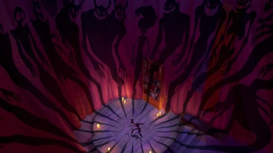 The Princess and the Frog (2009) movie still: wide — A circular room with magenta-curtained walls displays elaborate shadows of horned entities cast…