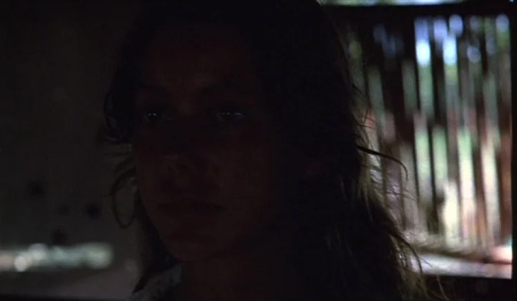 Walkabout (1971) movie still: closeup — A dimly lit room with walls made of thin wooden slats allowing light through. A young woman stands in the…