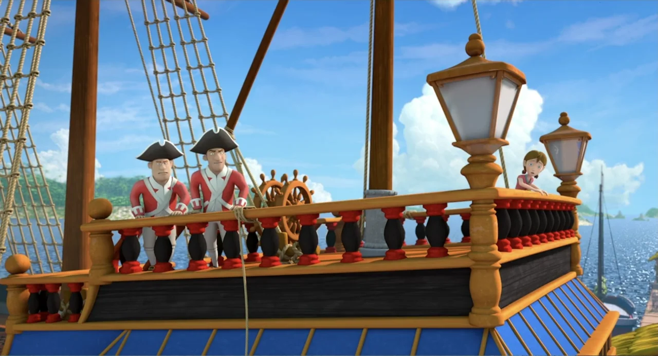 Capt'n Sharky (2018) movie still: medium — The wooden deck of a sailing ship features ornate railings and a street lamp. Two soldiers in red…