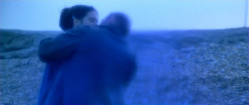 I Want You (1998) movie still: medium — A flat stretch of rocky terrain borders the sea under a dim blue sky. A woman and a man in dark coats…
