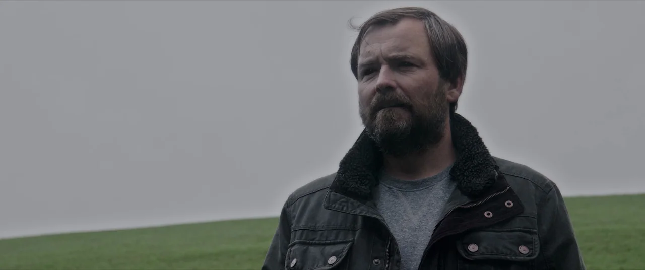Bull (2021) movie still: medium — A man stands in an open field against a backdrop of thick gray fog. The horizon is a muted green slope under a…