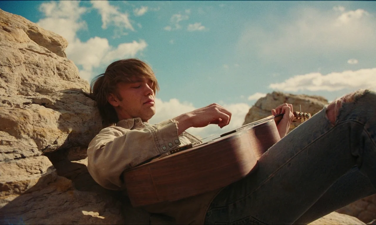 National Anthem (2023) movie still: medium — A man sits against a tan rock formation under a bright blue sky. He rests his head back while playing…