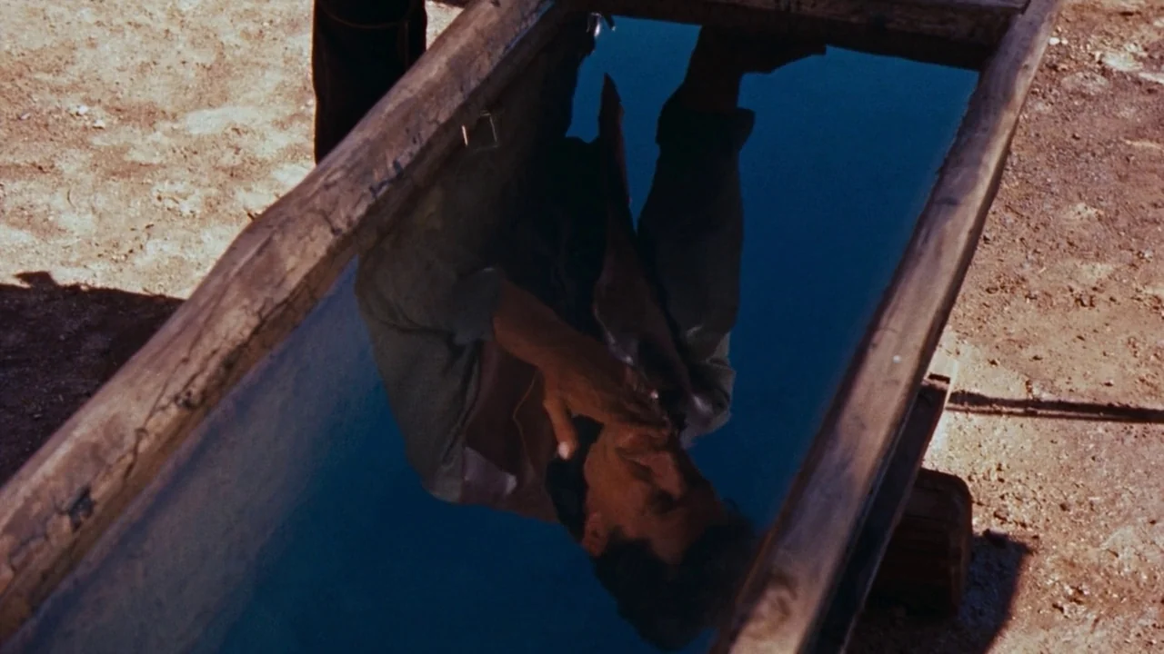 Rio Bravo (1959) movie still: closeup — A man's face appears as a clear, inverted reflection in a rectangular trough. The ground surrounding the…