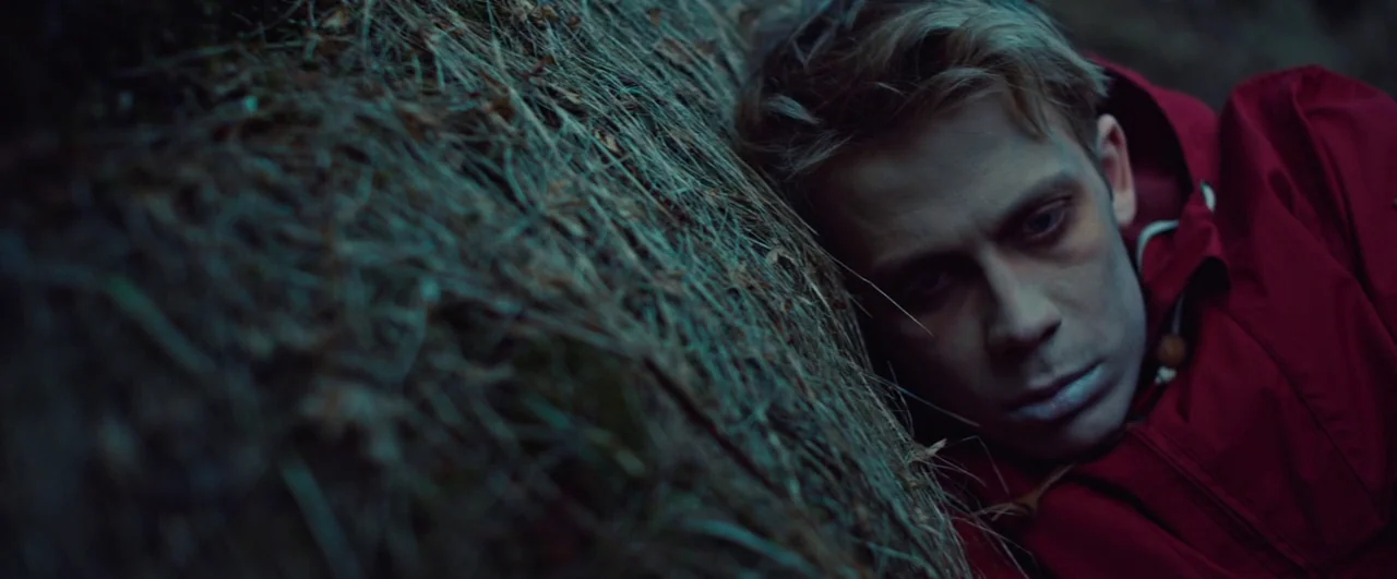 Rift (2017) movie still: closeup — A close-up shot of dry, matted grass texture next to a person's head. The man with pale skin lies on the ground…