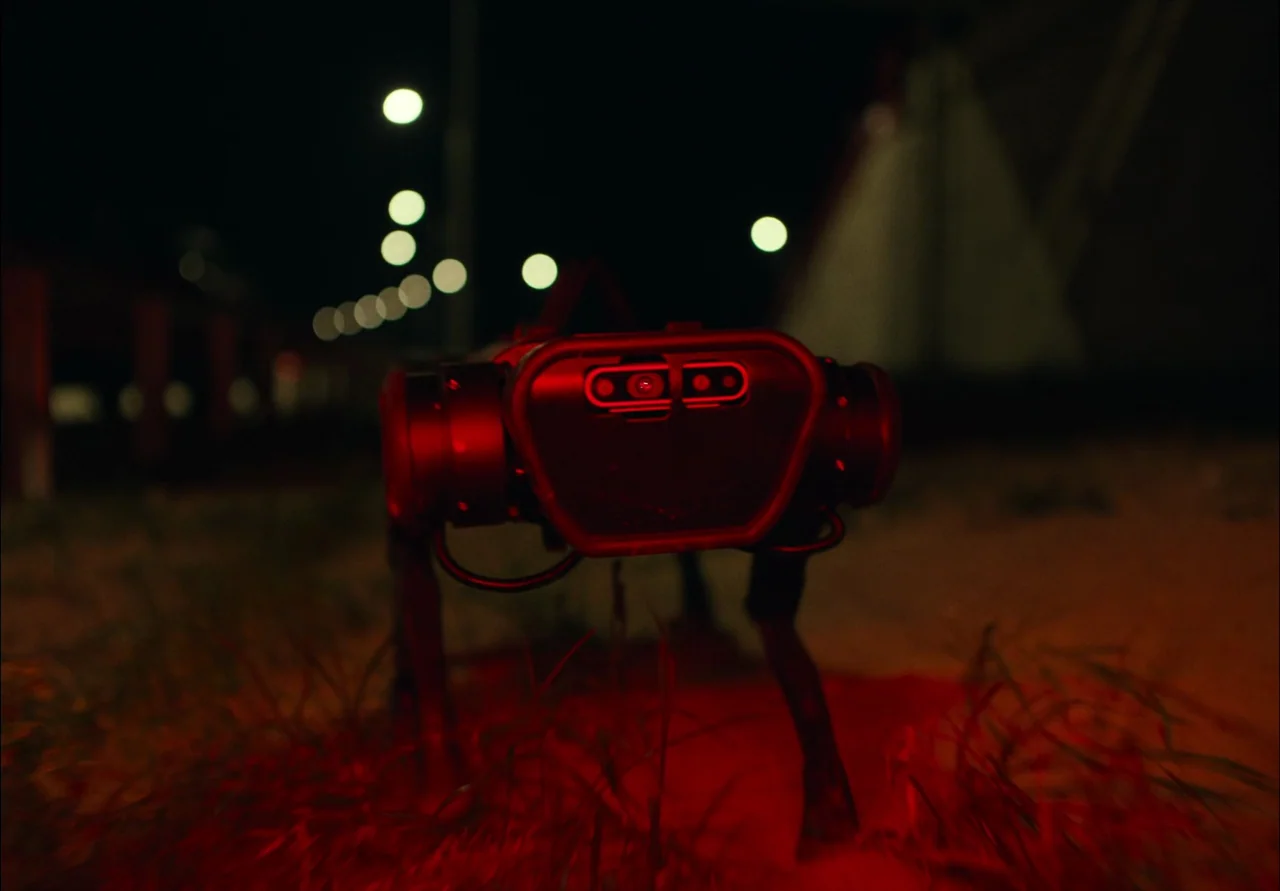 EO (2022) movie still: closeup — A robotic quadruped stands on a dark, grassy patch during the night. A red light source reflects off its front…