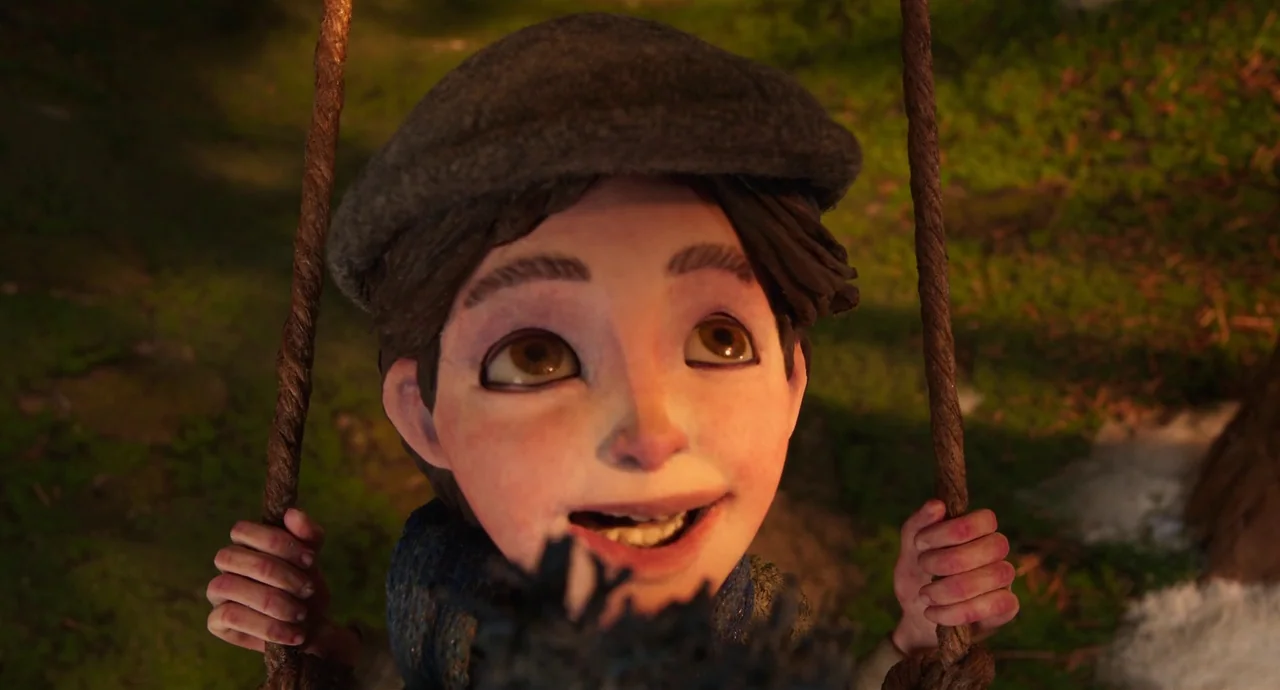 Guillermo del Toro’s Pinocchio (2022) movie still: closeup — A young boy sits on a swing at a playground during sunset. The child holds the ropes…