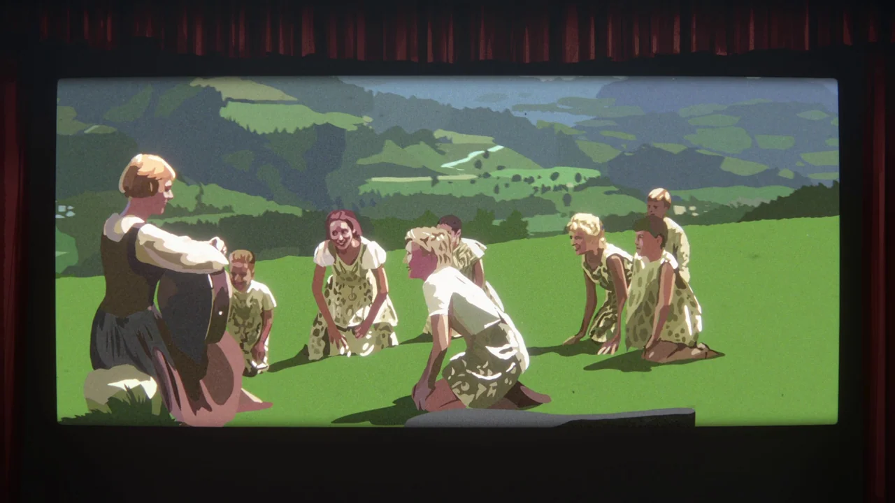 Apollo 10½: A Space Age Childhood (2022) movie still: wide — A group of people sits on a green hillside under a sunny mountain range. A woman plays…