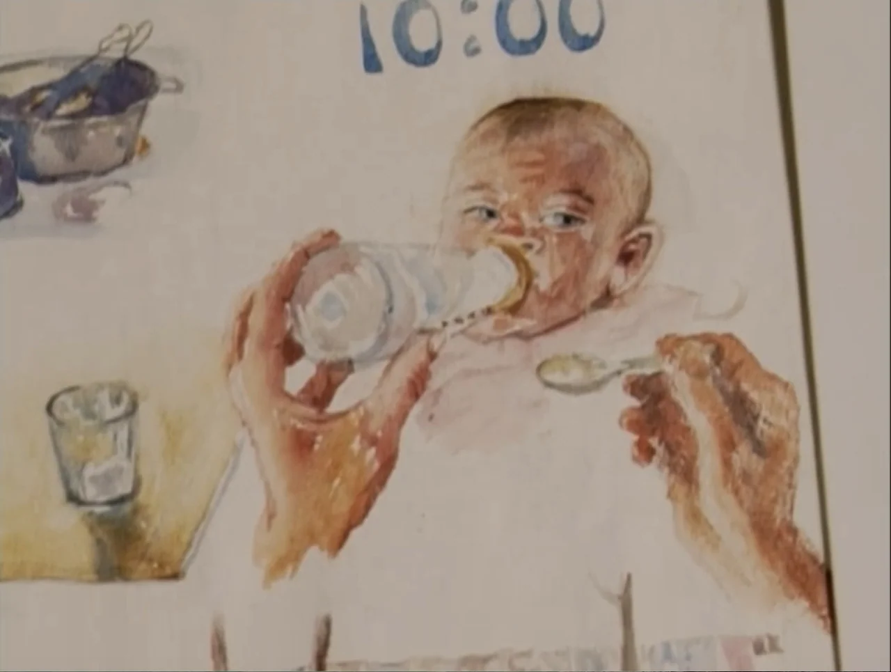 A Rape in a Small Town: The Florence Holway Story (2005) movie still: medium — A watercolor illustration depicts a baby being fed from a bottle at…