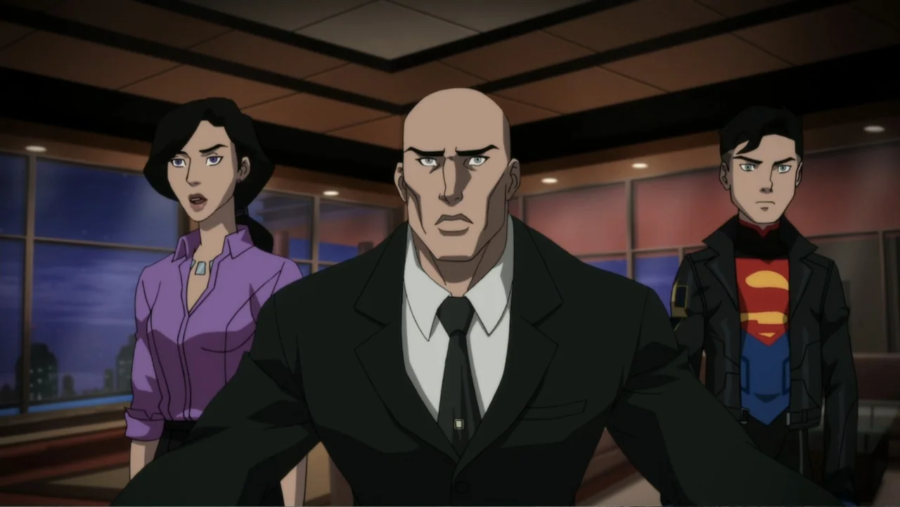 Reign of the Supermen (2019) movie still: medium — An interior office at night features large windows overlooking a city skyline. Three people stand…
