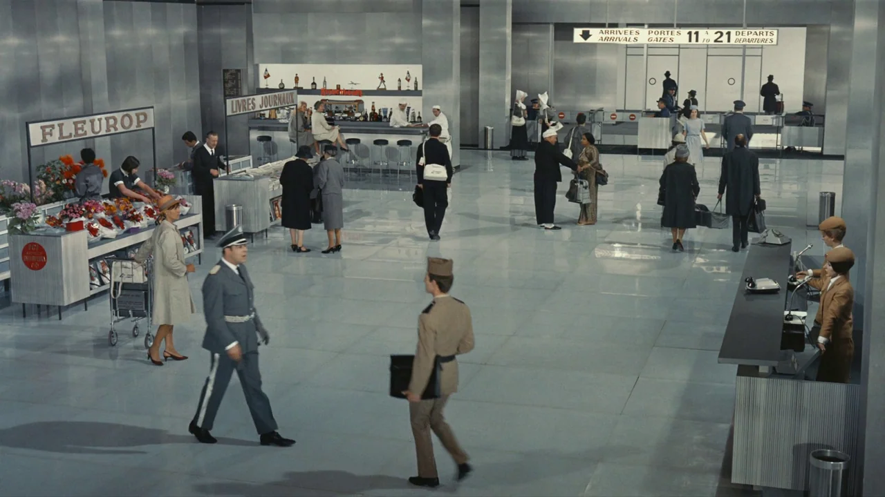 Playtime (1967) movie still: wide — A 1960s modernist airport terminal features polished tile floors and brushed metal walls. Numerous travelers in…