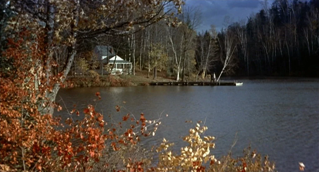The Trouble With Harry (1955) movie still: wide — A calm lake is surrounded by a dense forest during late autumn. A small cabin stands on the bank…