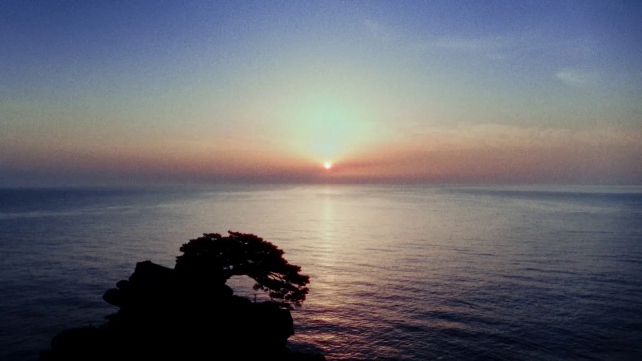 Riceboy Sleeps (2022) movie still: establishing — A vast ocean extends toward a horizon lit by the rising sun. A dark, rocky cliff with a small tree…