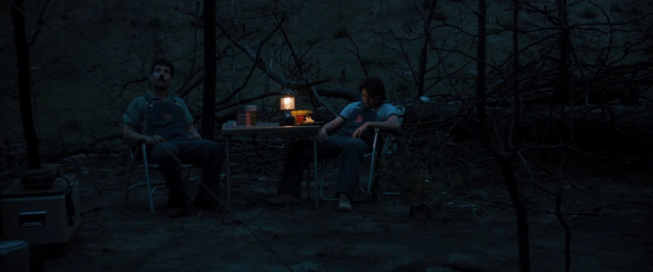Prince Avalanche (2013) movie still: wide — A dark, sparsely wooded outdoor area at night with burnt, skeletal tree branches. Two men in denim…