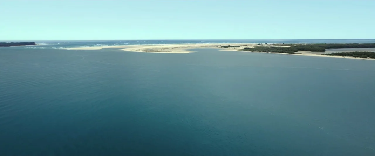 Dangerous Animals (2025) movie still: establishing — A wide aerial view shows a calm river estuary meeting the open ocean. Sandy sandbars and…