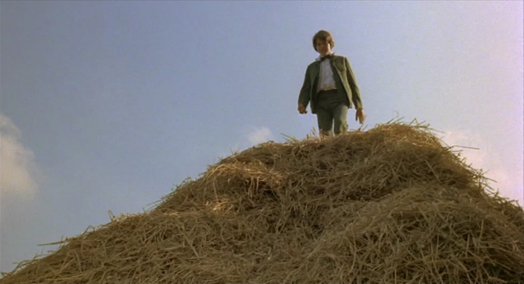 The Go-Between (1971) movie still: fullbody — A boy stands on the peak of a large haystack under a blue sky. The boy looks down from the pile while…