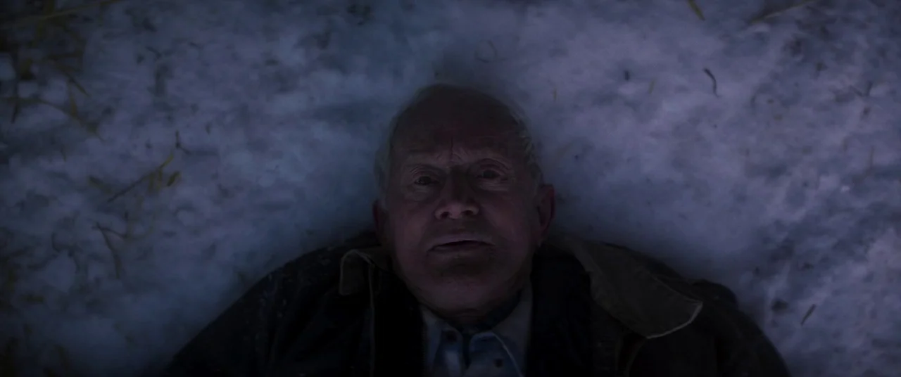 Falling (2020) movie still: closeup — An elderly man lies flat on a dark, snow-covered surface at night. His face is centered in the frame as he…