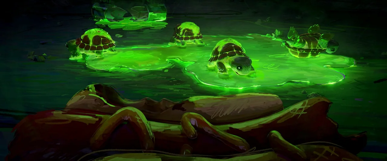 Teenage Mutant Ninja Turtles: Mutant Mayhem (2023) movie still: wide — Small turtles crawl through puddles of glowing green chemical waste in a dark…