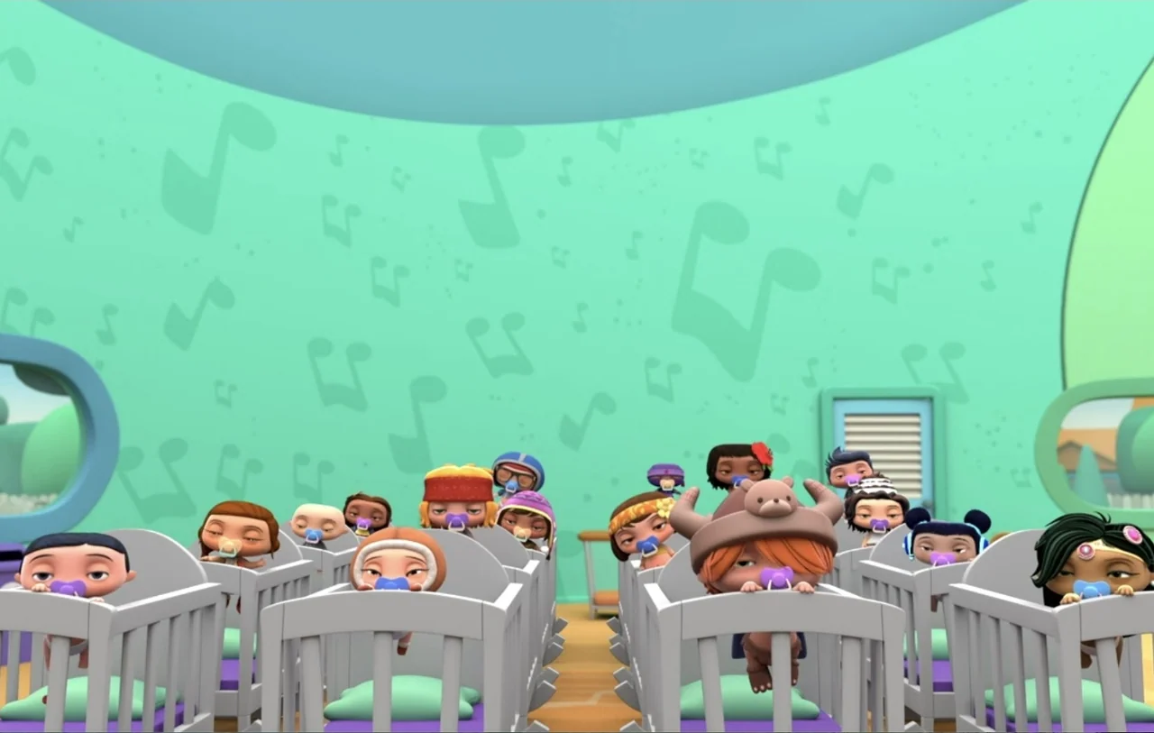 Mini Beat Power Rockers: The Movie (2022) movie still: wide — A cartoon nursery features rows of gray cribs arranged symmetrically against a light…